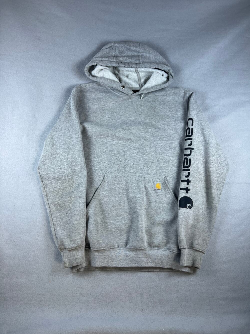 Carhartt Hoodie Mens M Gray Spellout Graphics Sleeve Loose Fit Fleece Sweatshirt